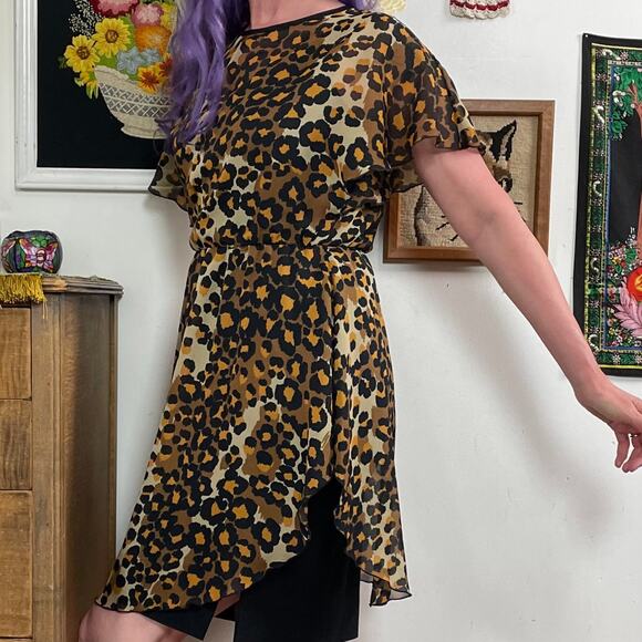 Vintage Leopard Print Dress, 1970s Punk Party Dress w Sheer Overlay, Sz S - Picture 8 of 10